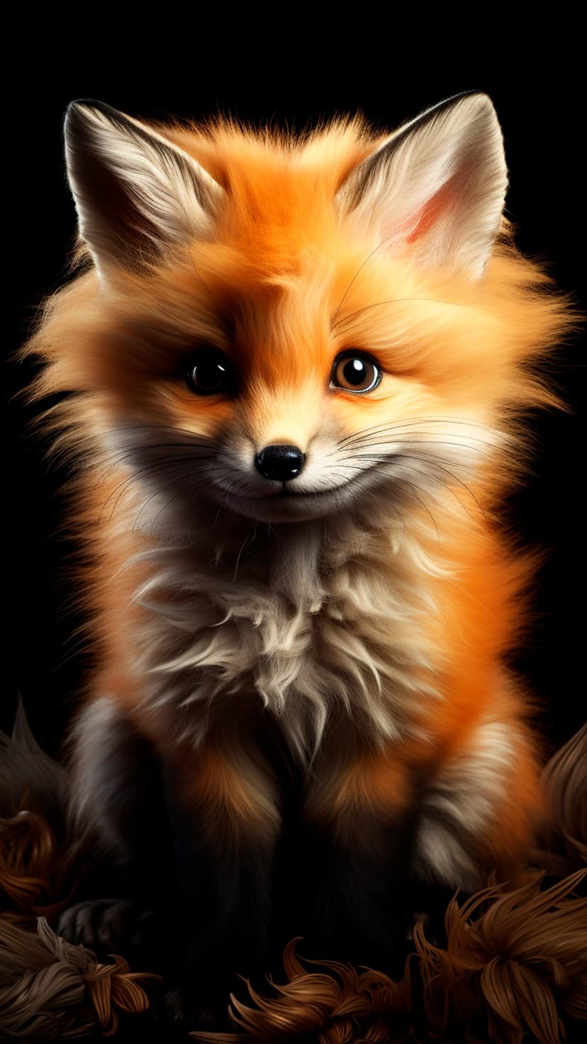 Baby fox with fluffy orange and white fur and dark eyes stares forward against a solid black background.