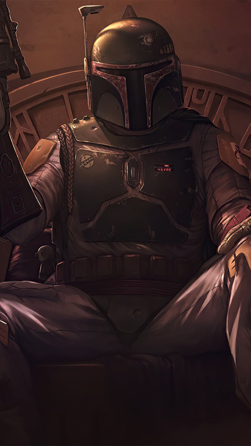 Boba Fett in green Mandalorian armor sits on a circular stone throne with warm, cinematic lighting.