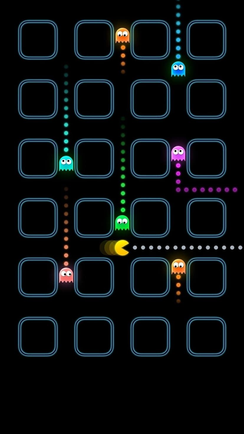Pac-Man and colorful neon ghosts move through a grid of blue icon frames on a black background with dot trails.
