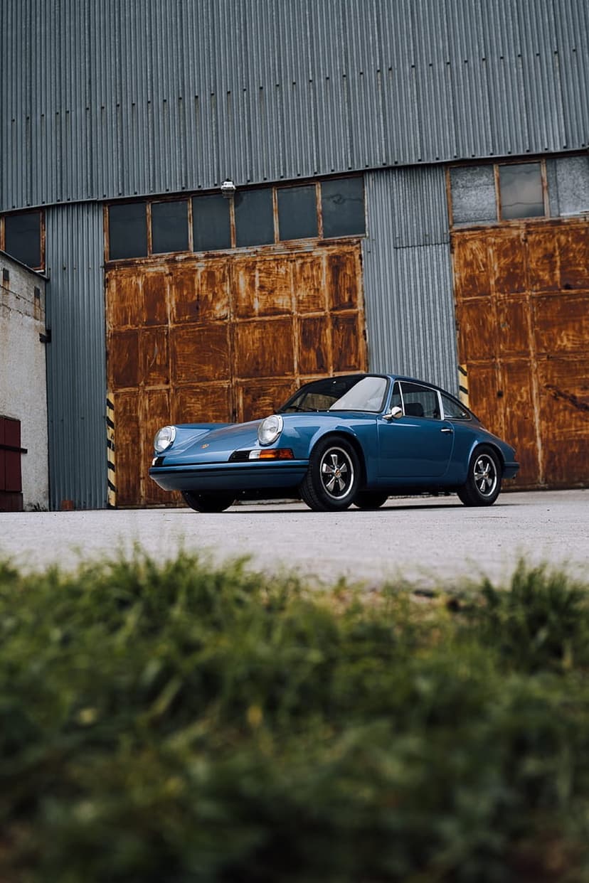 Classic blue Porsche 911 coupe parked on asphalt before weathered orange hangar doors with green plants in front.