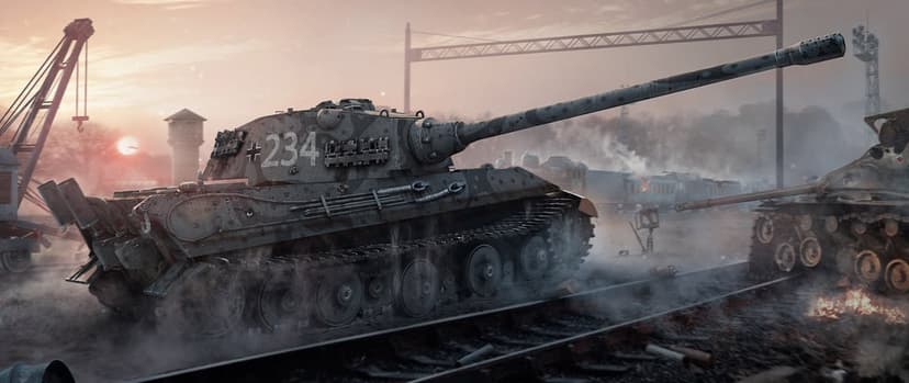 German King Tiger tank numbered 234 on railway tracks in a smoky industrial zone during a hazy sunset.