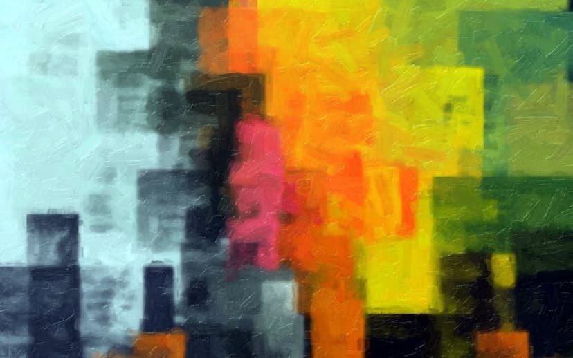 Interlocking geometric triangles and polygons in yellow, pink, and blue with visible oil paint texture patterns.