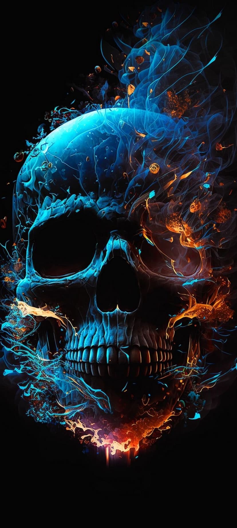 Human skull surrounded by luminous blue energy ribbons and floating orange embers against a black background.