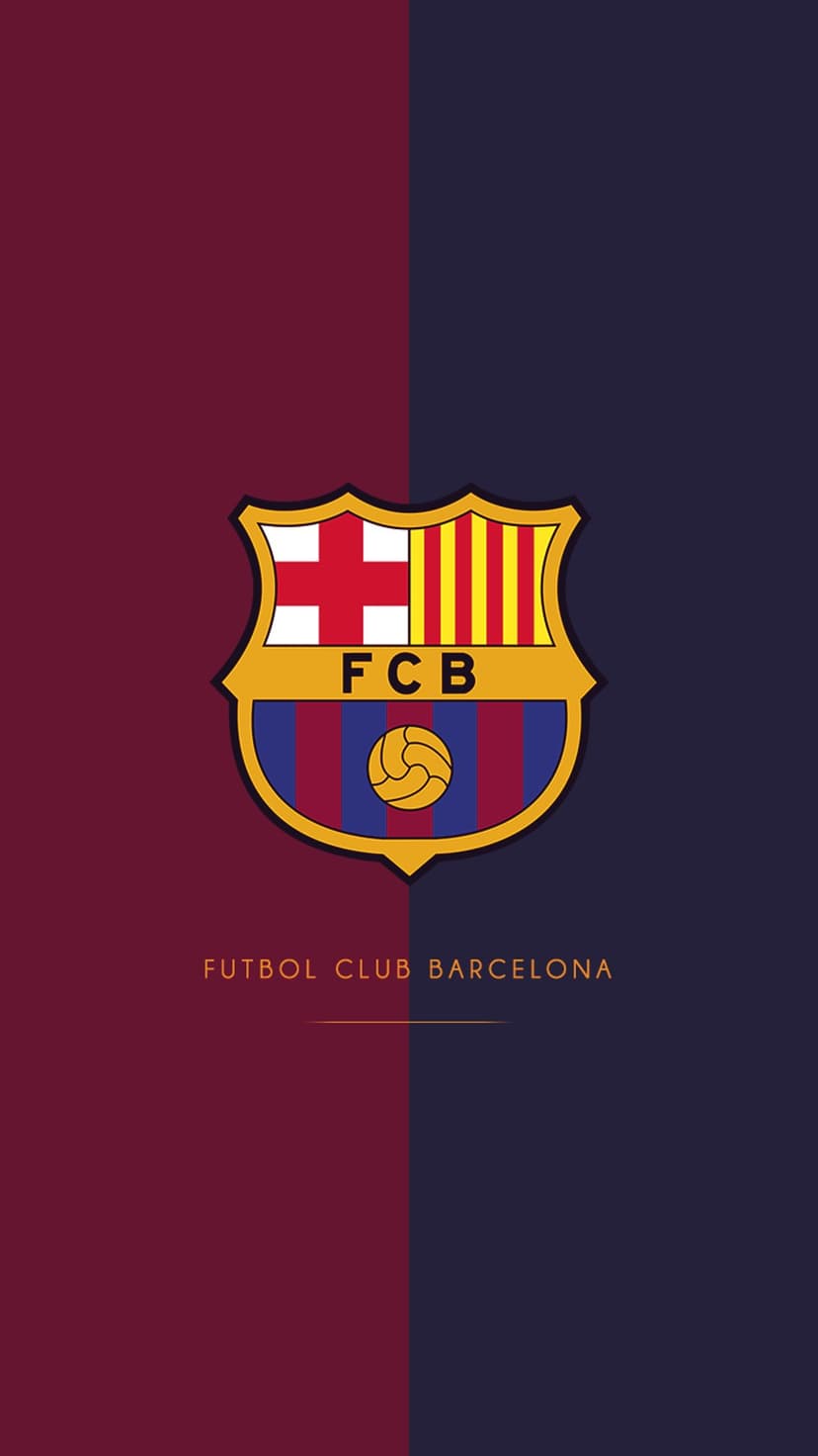 FC Barcelona club emblem centered on a split garnet and navy background featuring detailed Catalan heraldry.