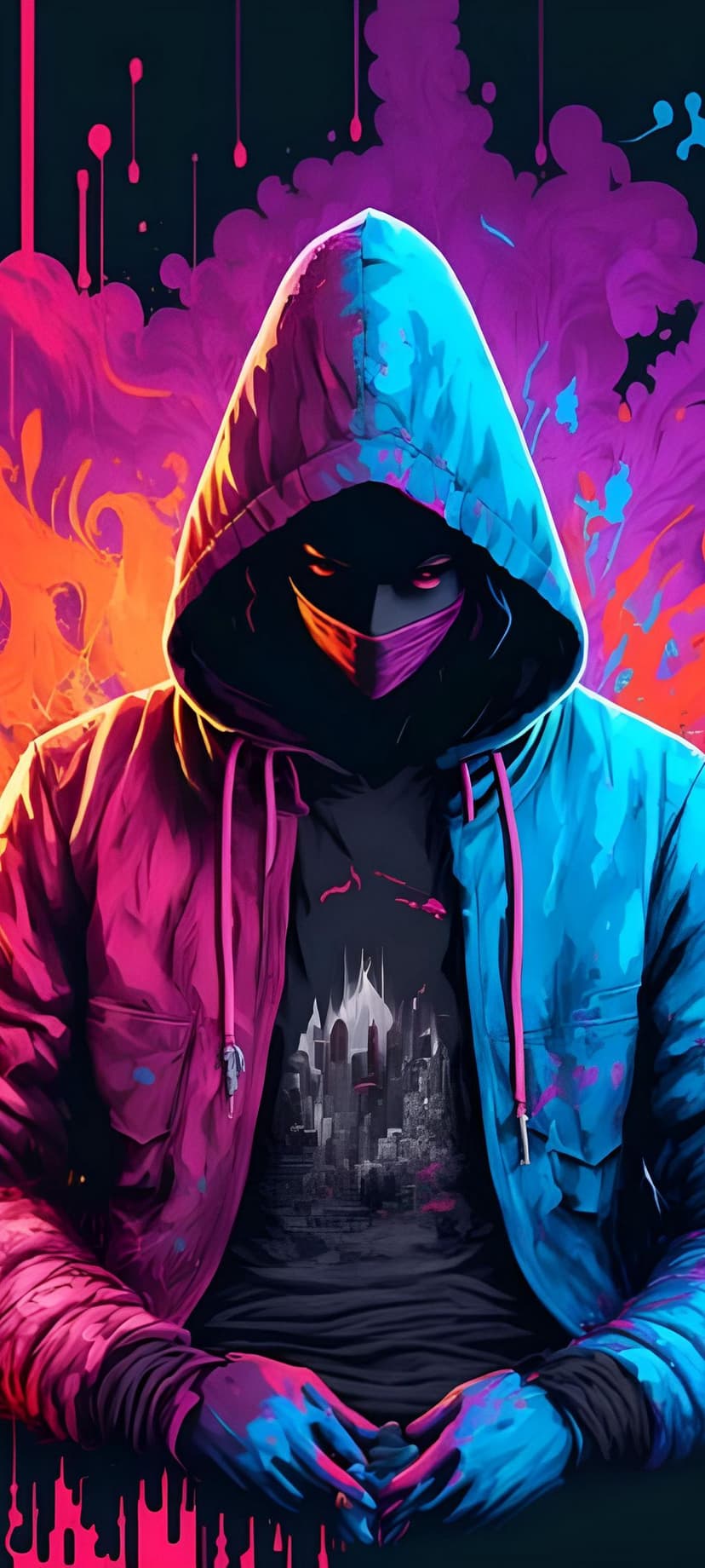Masked figure wearing a pink and blue split hoodie with glowing red eyes against a colorful splattered backdrop.