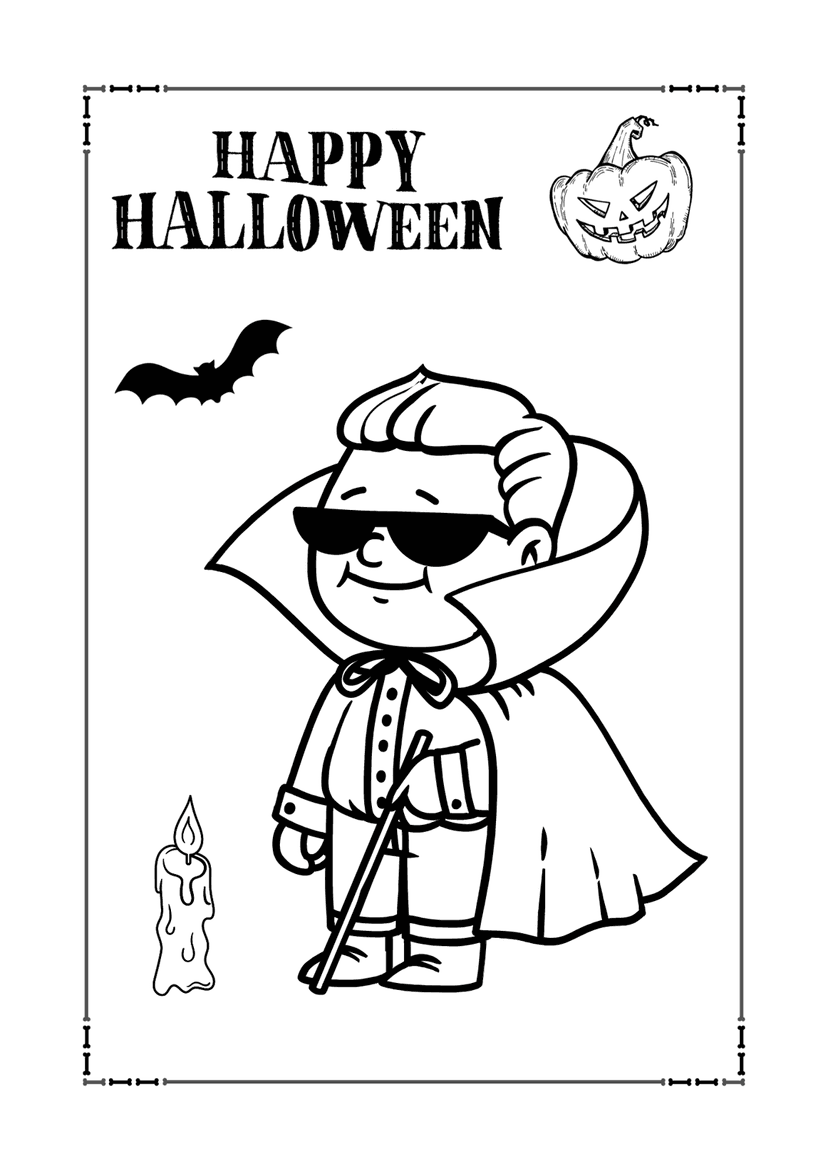 Halloween vampire coloring page featuring a caped character with sunglasses, a pumpkin, and a flying bat.