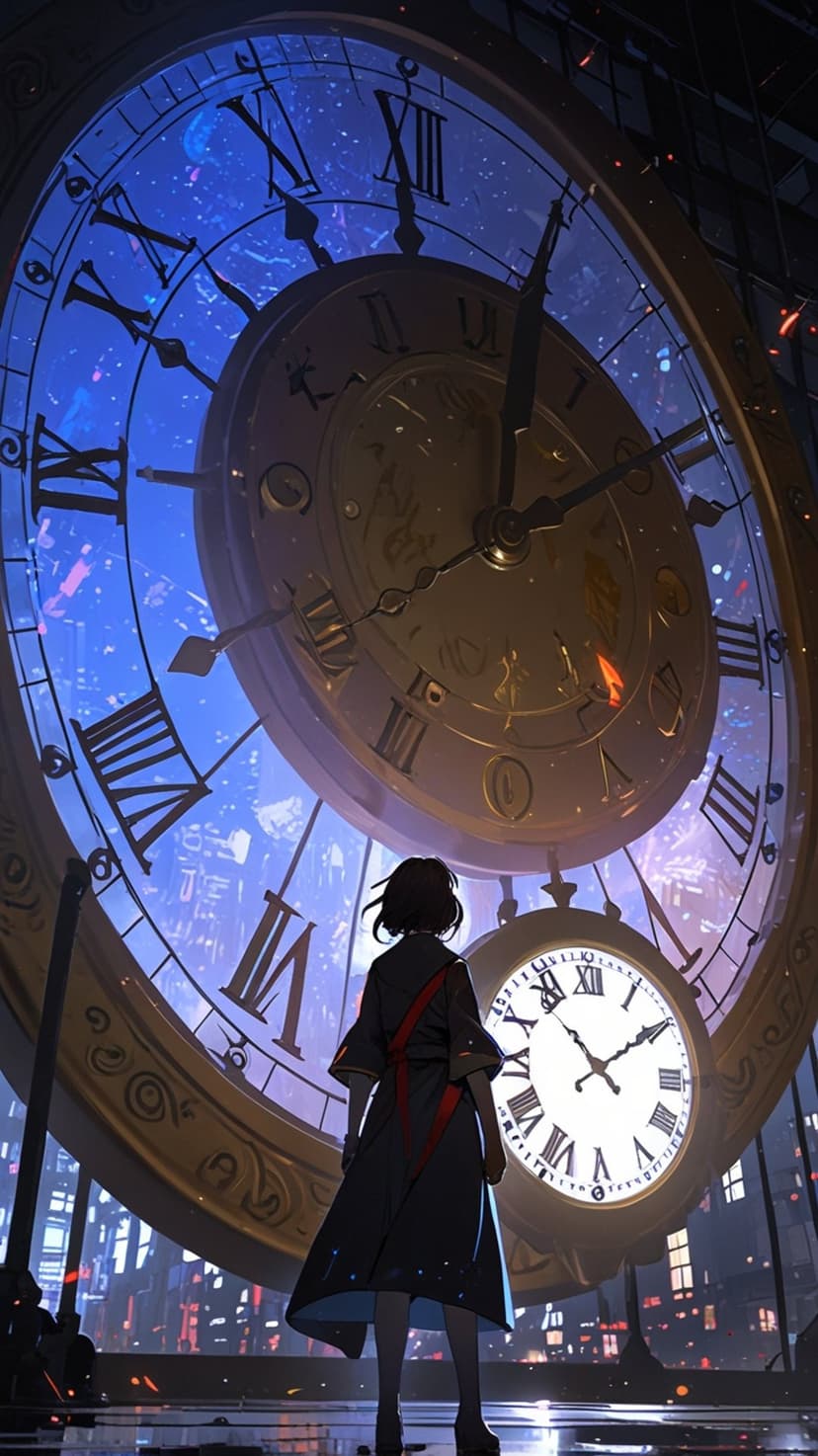 Anime girl stands before a giant spiral clock tower overlooking a glowing blue futuristic city at night.