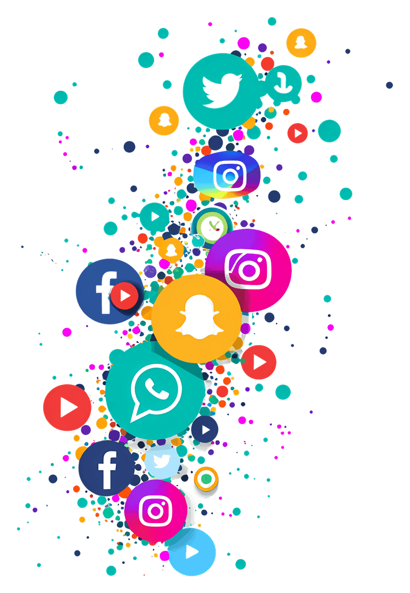 Social media icons collection featuring multicolored Facebook Instagram and Twitter logos on transparent background.