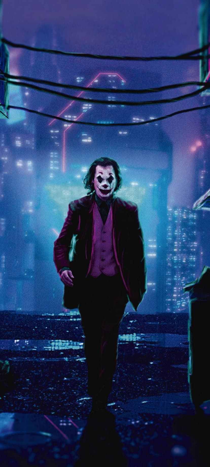 Joker in white face paint walks through a wet city street lit by vibrant blue and purple neon lights at night.