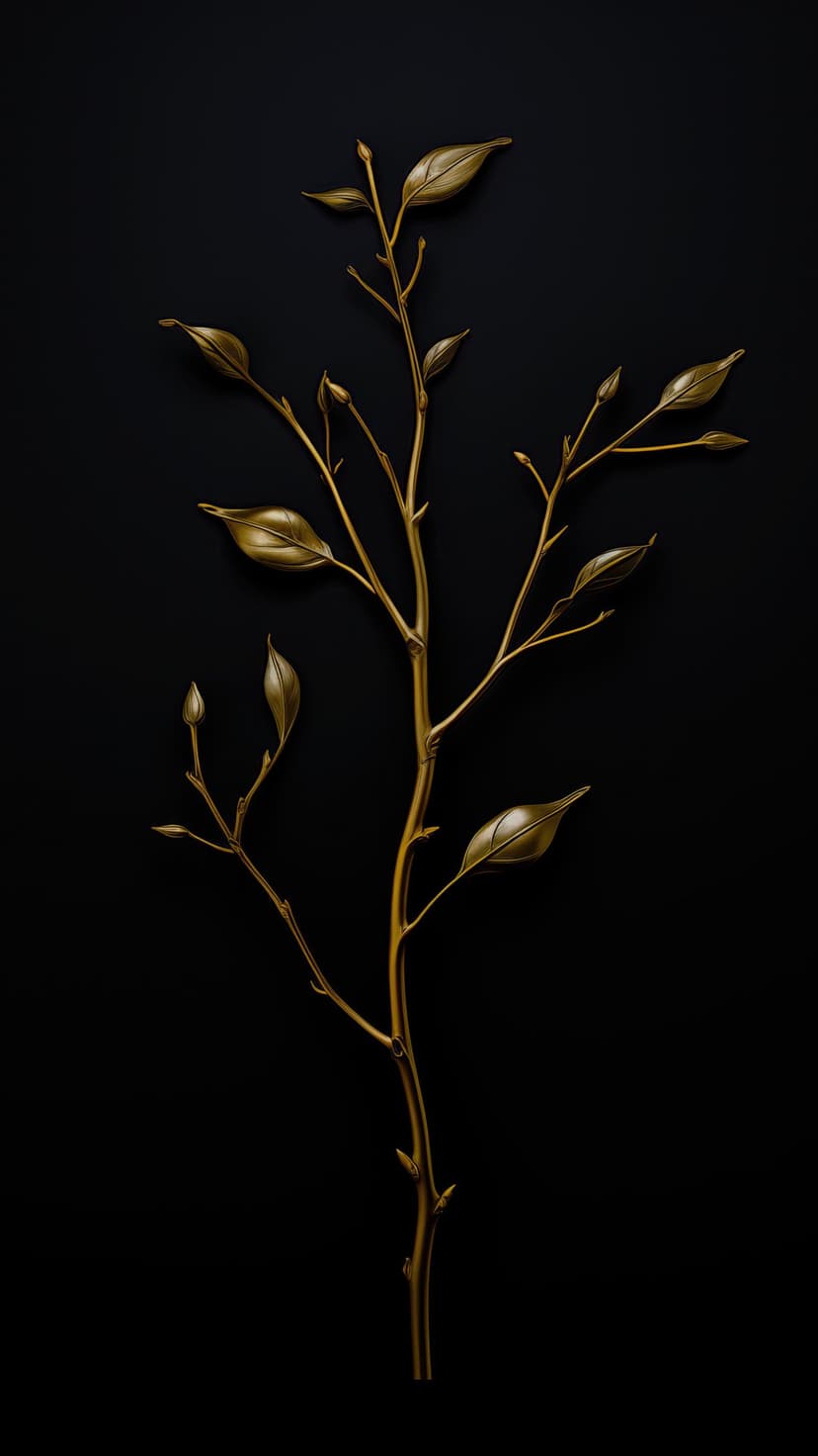 Gilded golden branch with delicate leaves and small buds positioned against a solid minimalist black backdrop.