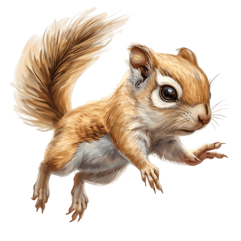Leaping chipmunk with brown fur and a fluffy tail jumps across a dark background in this digital illustration.