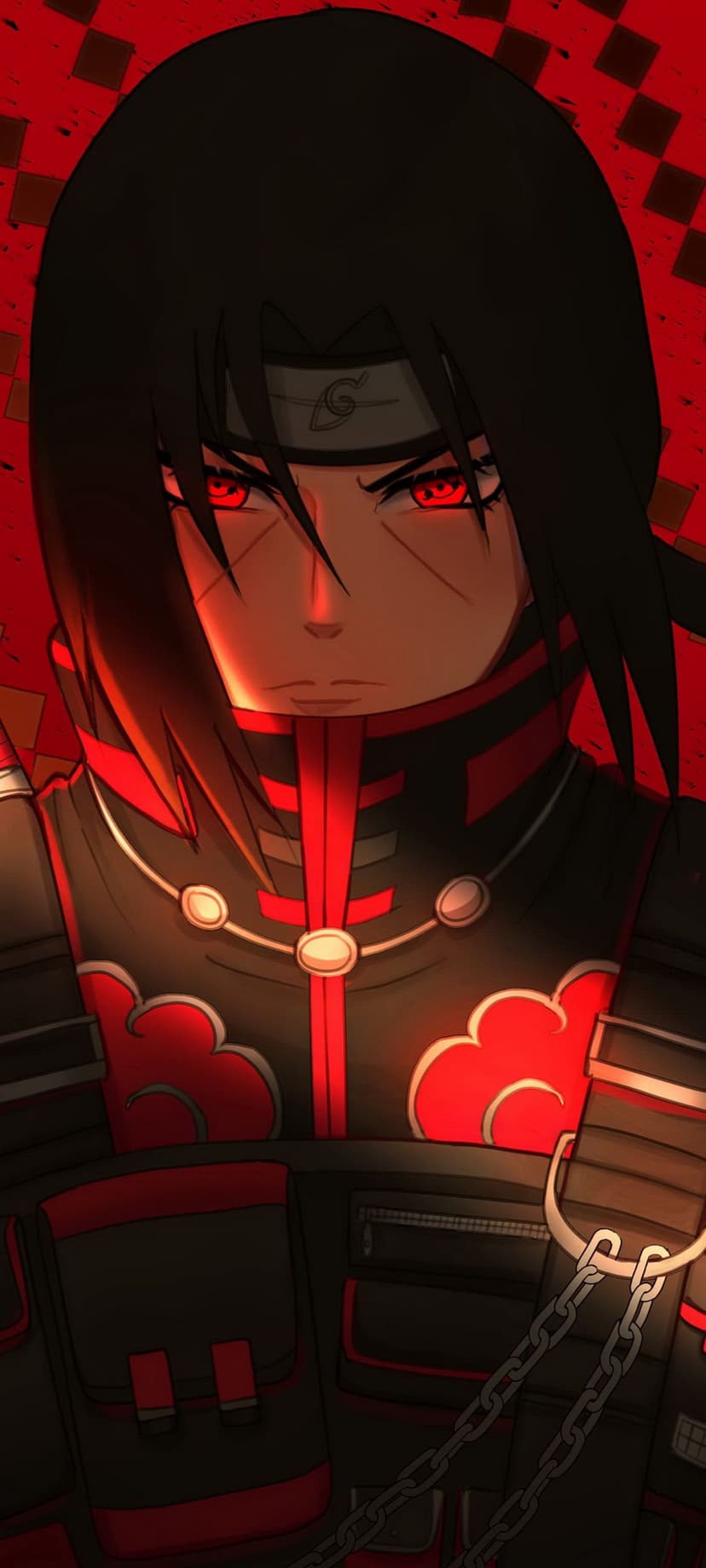 Itachi Uchiha wears a high-collared Akatsuki cloak with glowing red eyes against a dark checkered background.