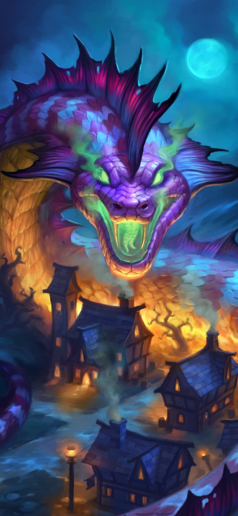 Giant purple dragon breathing green light above a burning fantasy village under a full blue moon at night.