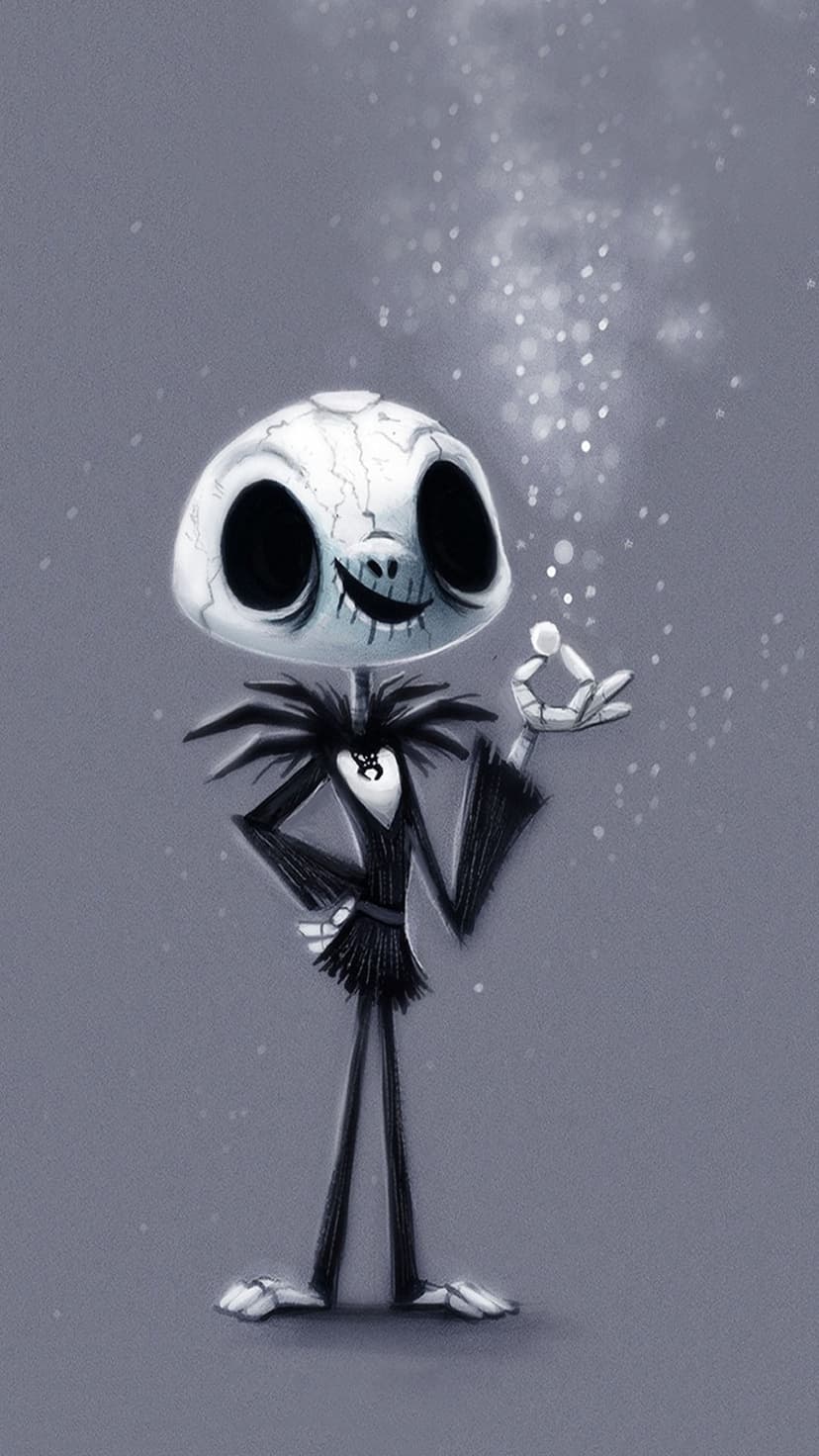 Jack Skellington with a cracked skull and striped suit holds a glowing white orb as snow falls in grayscale.