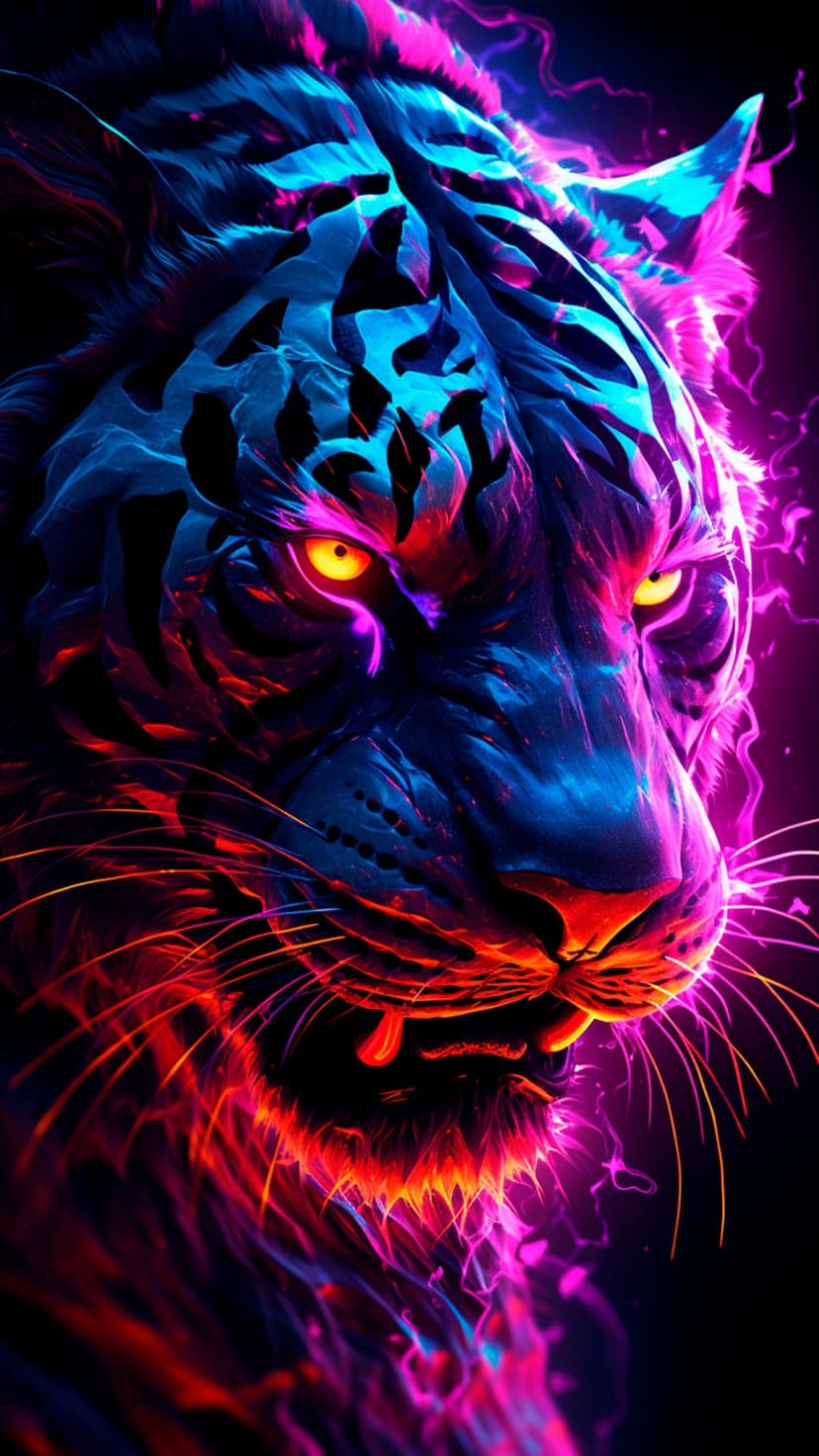 Tiger head with glowing yellow eyes surrounded by blue and pink electric sparks against a dark background.