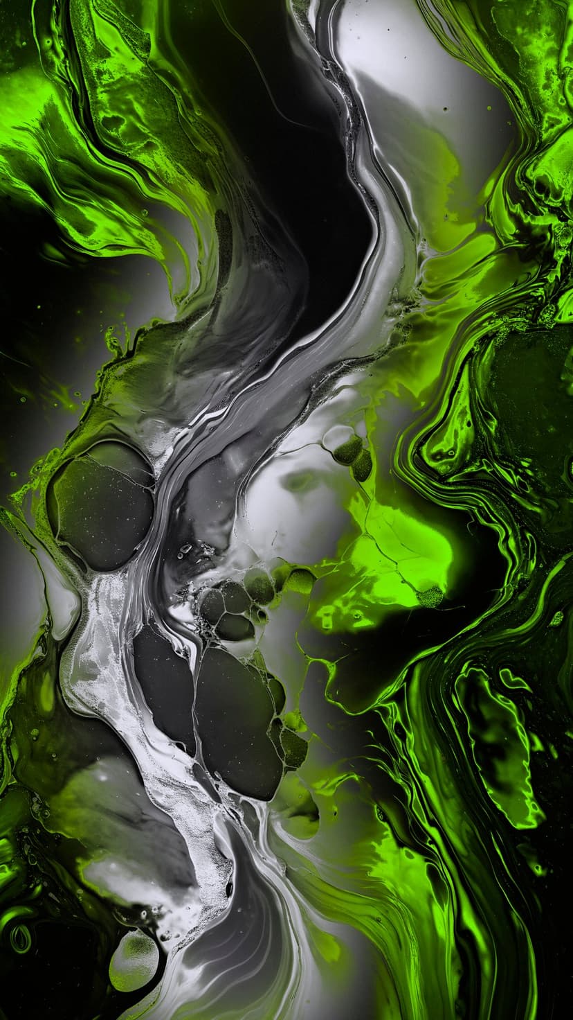 Neon green swirls intertwine with metallic silver liquid patterns against a dark, high-contrast background.