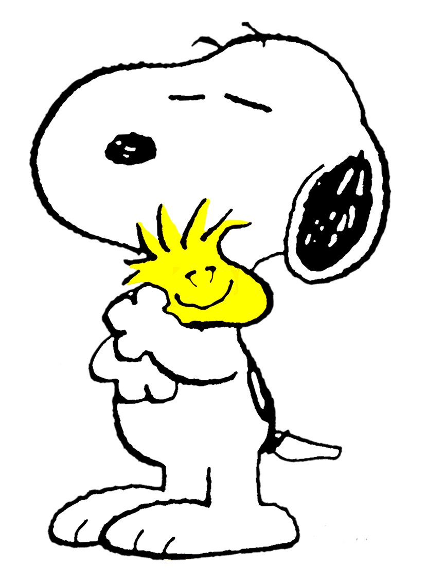 Snoopy hugging Woodstock PNG shows a white beagle embracing a yellow bird in a clean comic strip vector style.