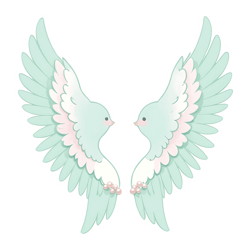 Symmetrical angel wings sticker in mint green and pink with white outlines and decorative pearl base ornaments.