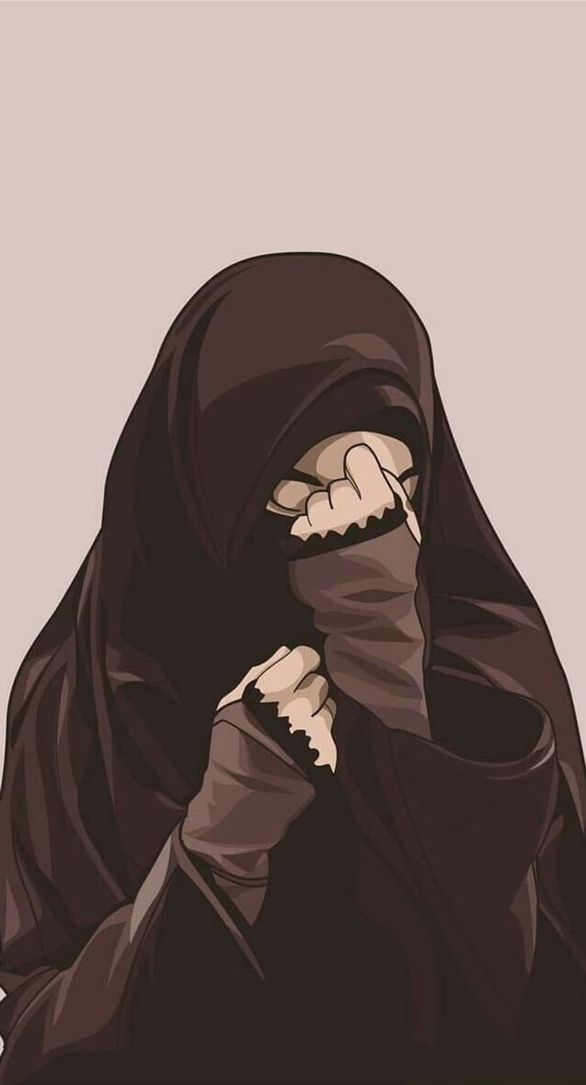 Muslim woman in a dark brown niqab presses fingertips to her forehead in a prayerful or sorrowful pose.