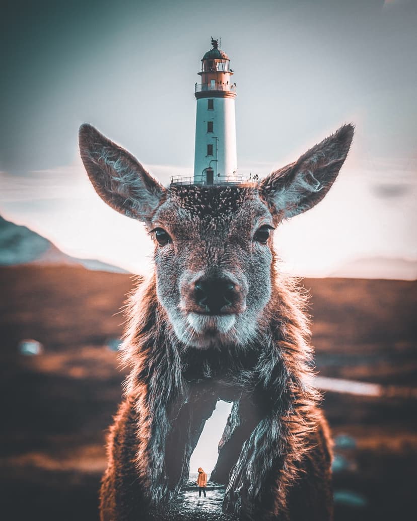 Stag head merging into a white lighthouse as a tiny explorer in orange stands on a rocky mountain precipice.