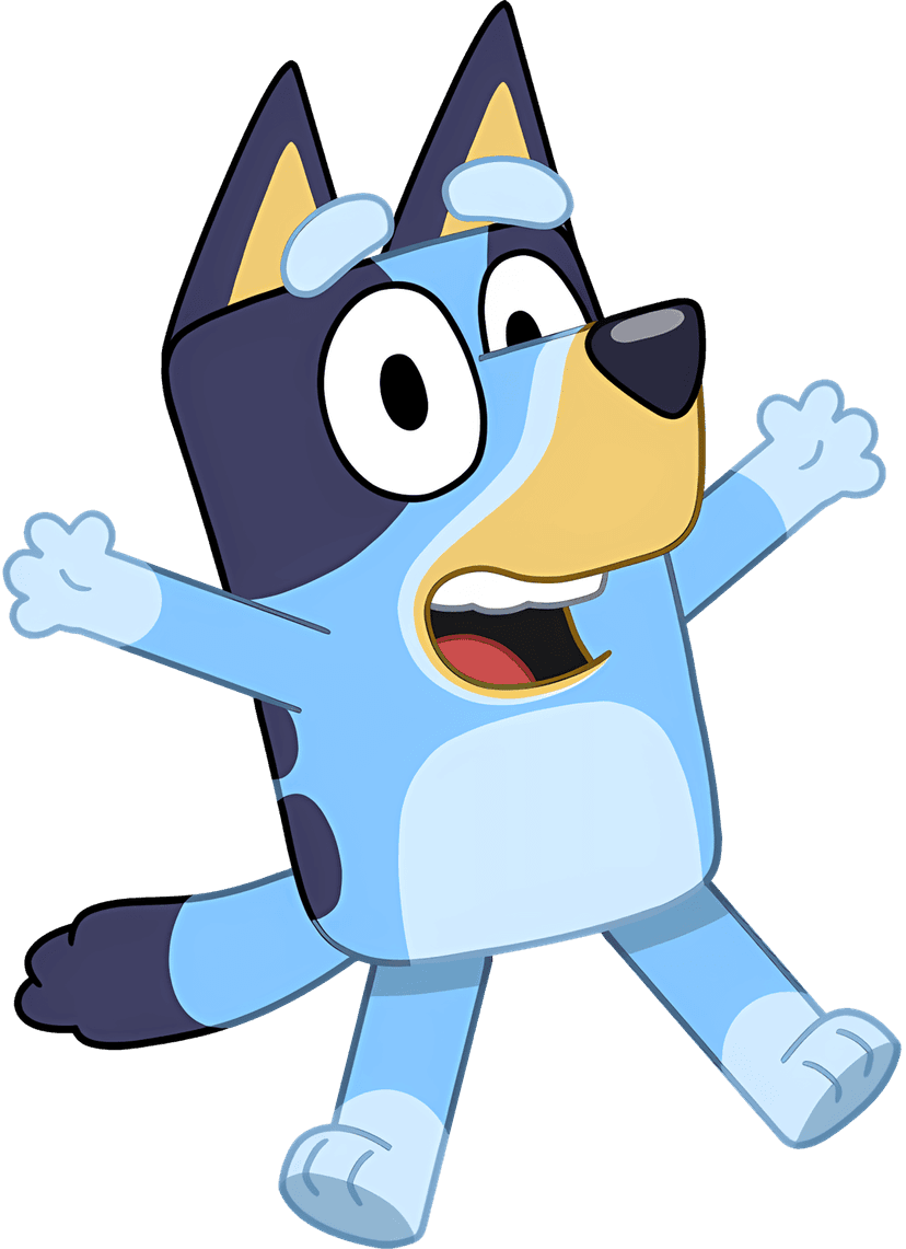 Blue cartoon puppy standing upright with large expressive eyes on a transparent background for digital design.