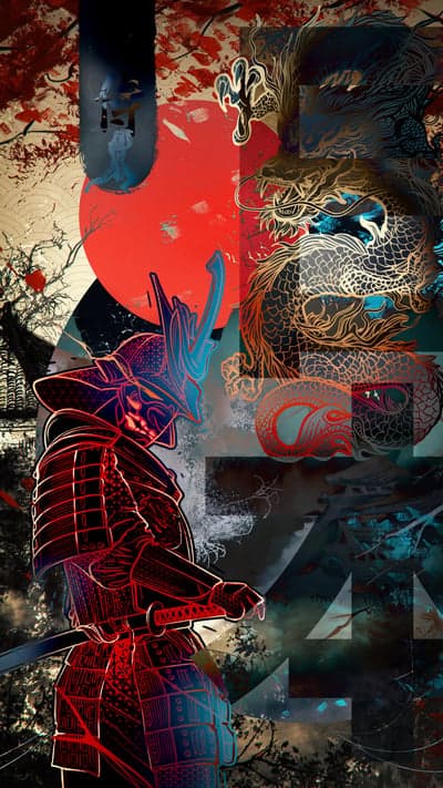 Samurai Warrior with Dragon, Traditional Japanese Art