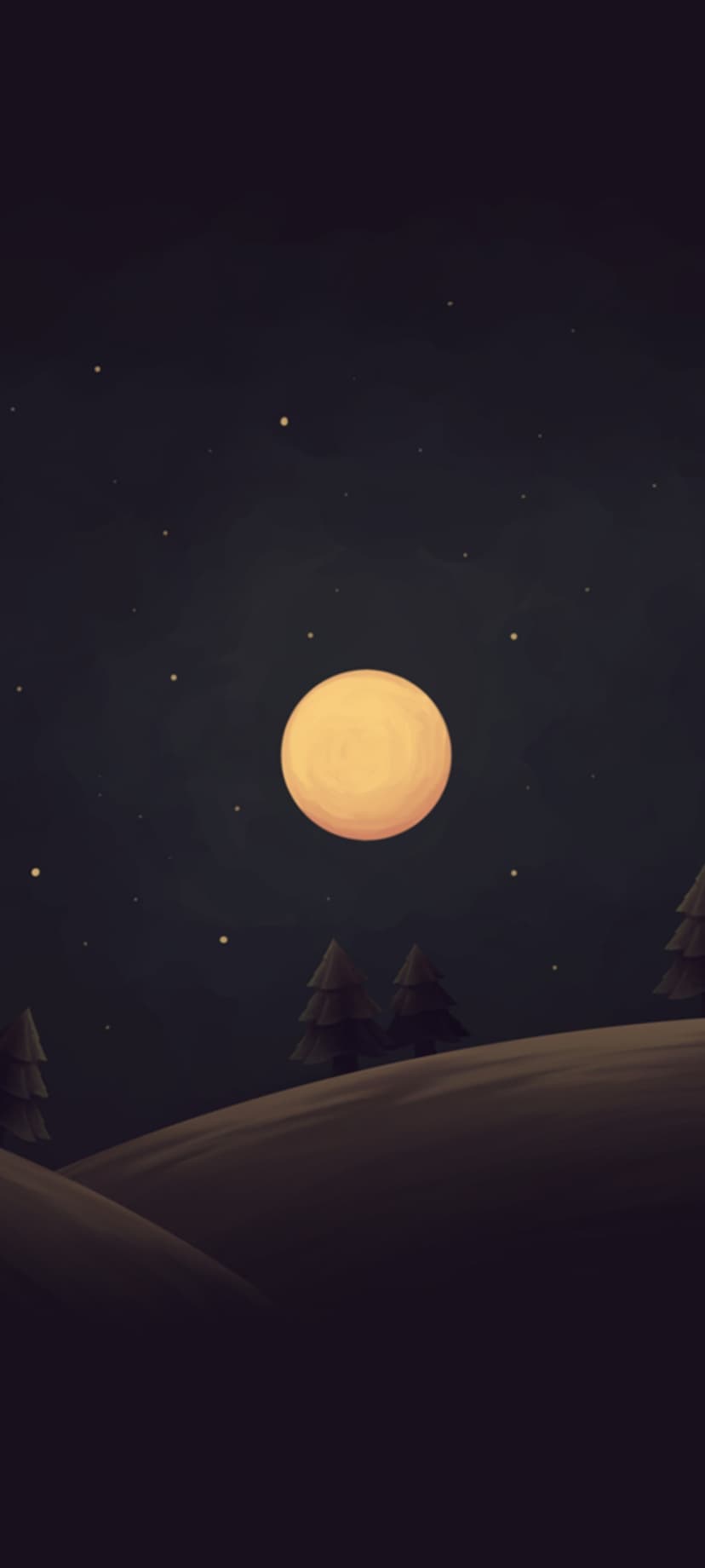 Glowing full moon shines over dark silhouetted pine trees and rolling hills beneath a star-filled night sky.