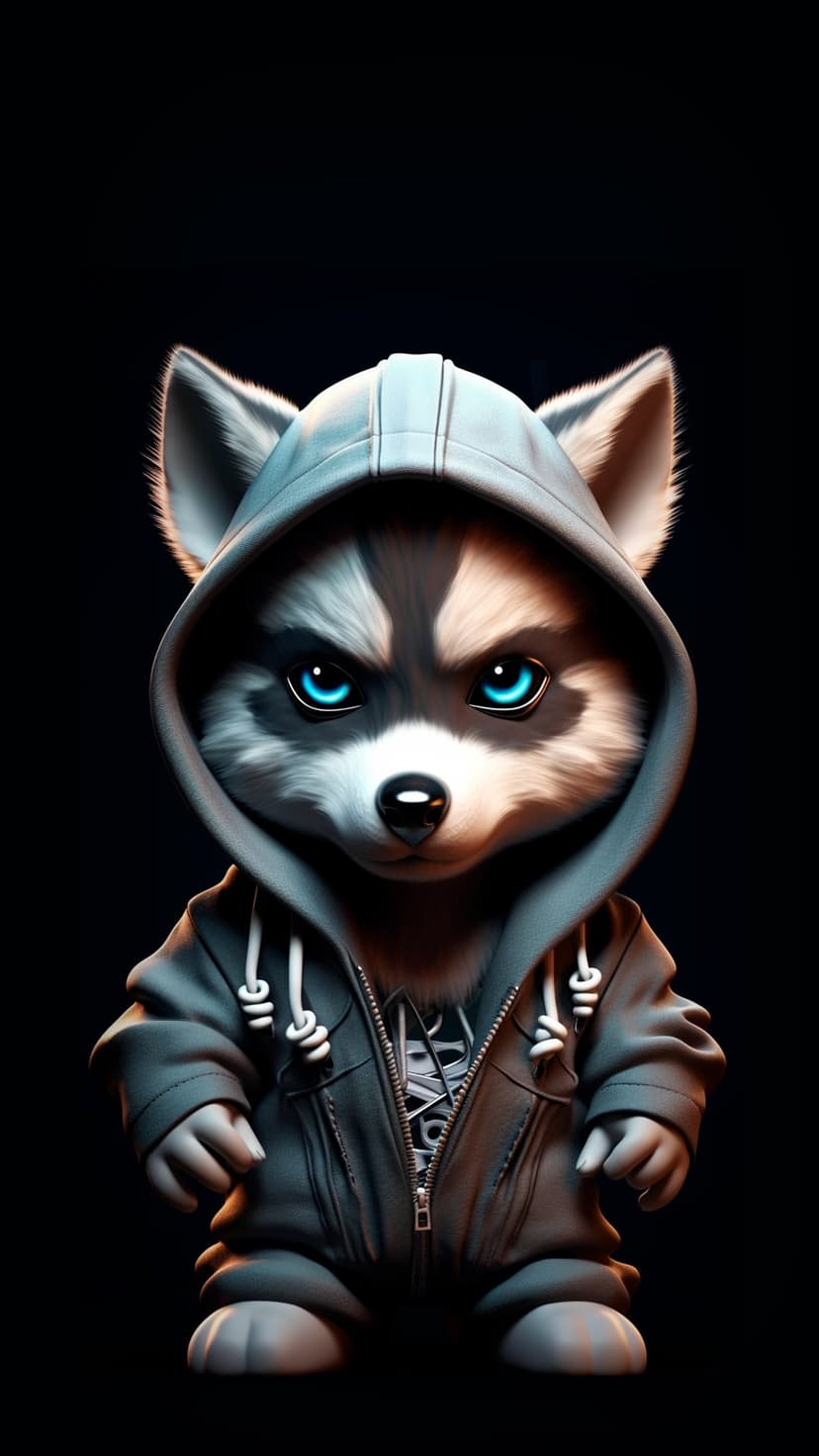 Raccoon with bright blue eyes wearing a grey zip-up hooded sweatshirt against a dark minimalist background.