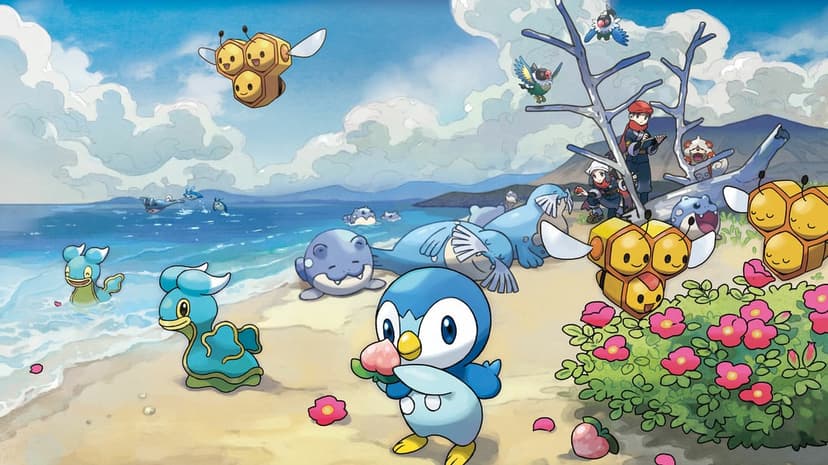 Piplup holds a pink berry on a sunny beach with Walrein and Combee under a bright blue sky with white clouds.