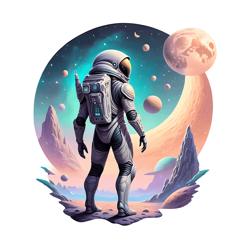 Astronaut sticker stands on purple rocky terrain under a massive pink moon and starry nebula background.
