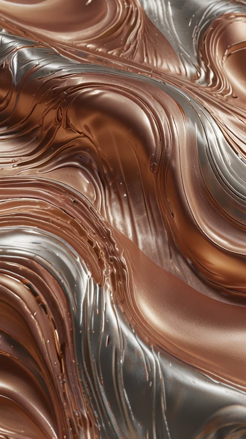 Intertwined waves of copper and silver metal flow with smooth reflective highlights and deep liquid shadows.