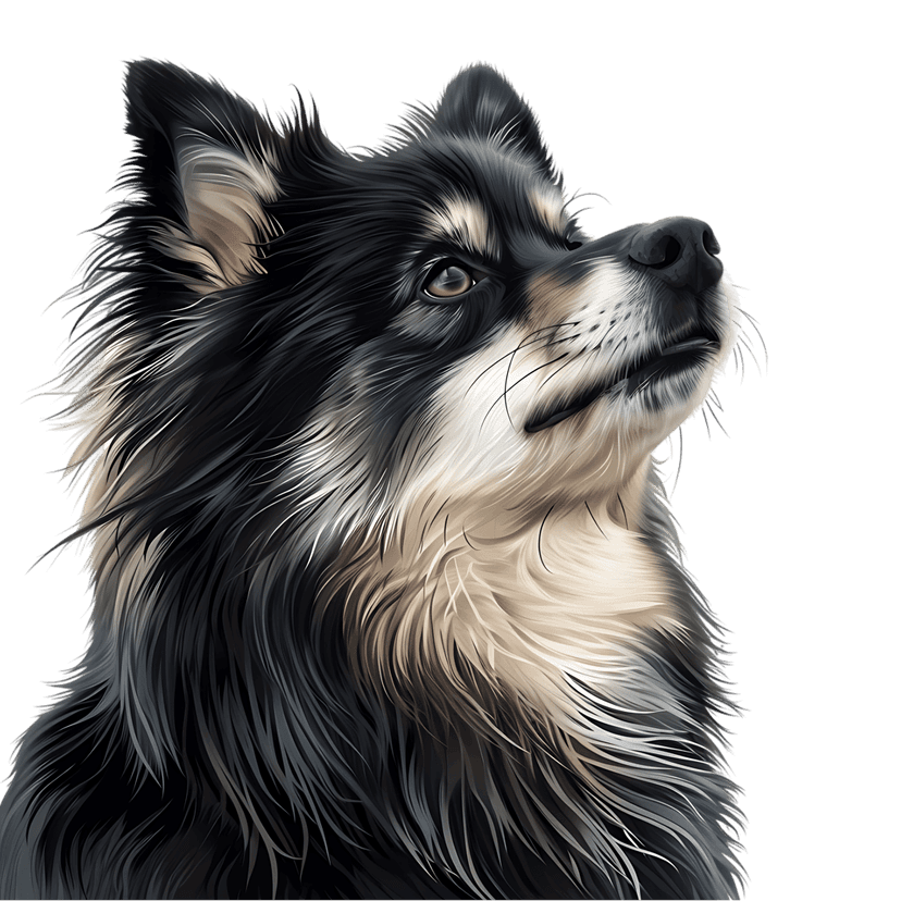 Canine dog portrait features realistic black and tan fur textures against a dark background with upward gaze.