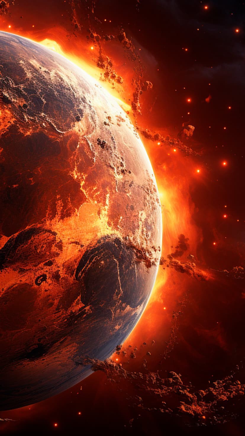 Molten planet with glowing magma fractures floating among asteroids and red gas clouds in a dark space setting.