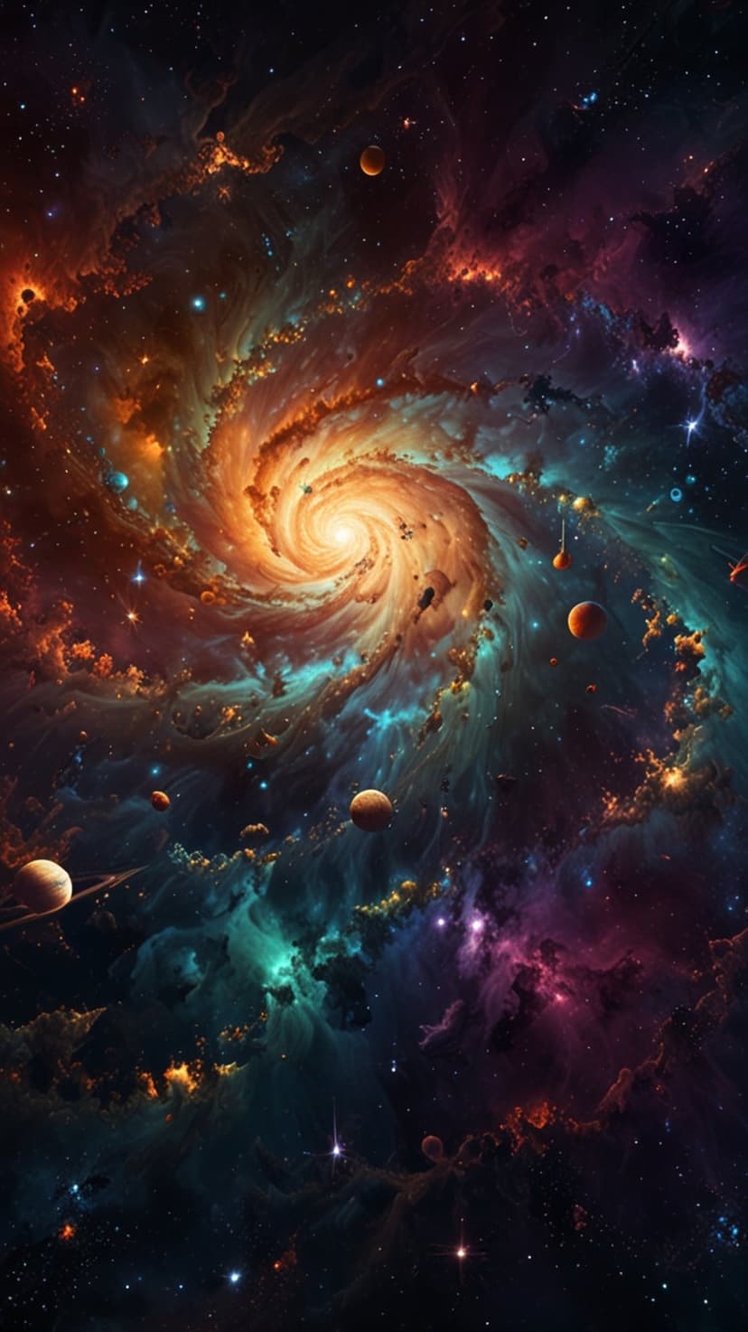 Swirling teal and orange spiral galaxy with various planets, bright stars, and thick cosmic dust clouds.