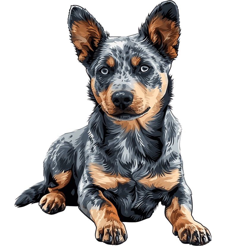 Australian Cattle Dog digital portrait showing distinct mottled blue fur, alert ears, and vivid blue eyes.