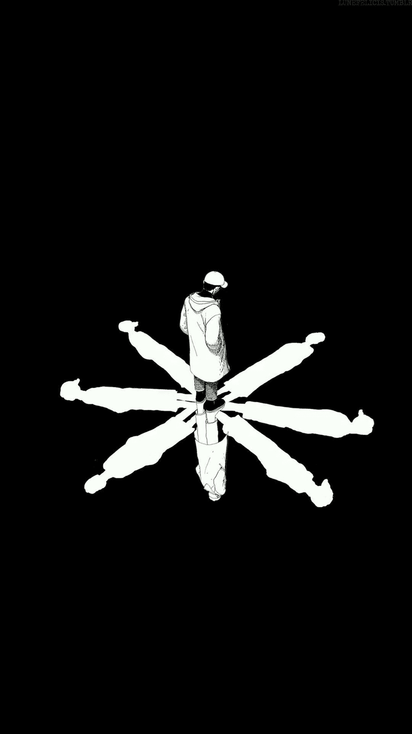 A central human silhouette standing in a black void with eight dark shadows radiating from their feet.