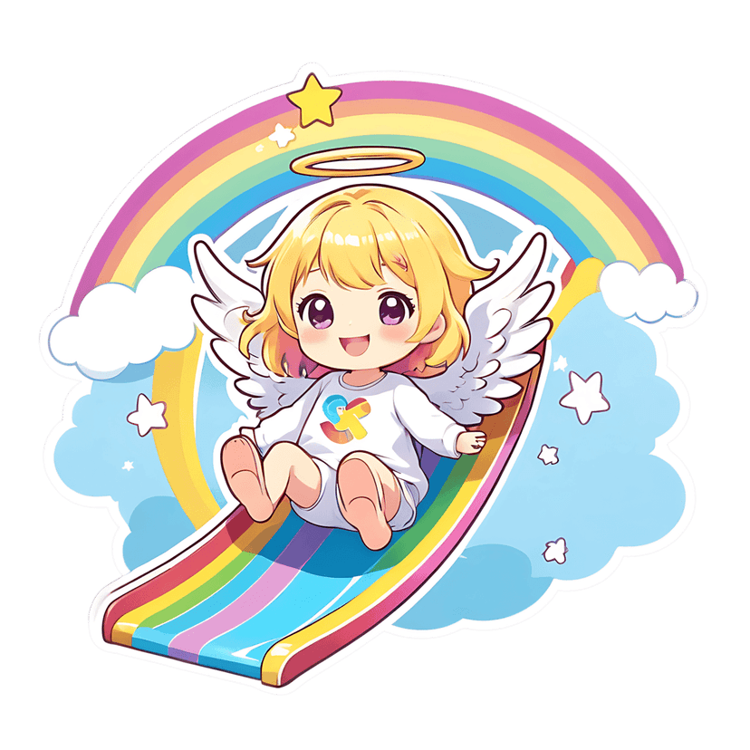 Chibi angel sticker slides down a vibrant rainbow arc past white fluffy clouds and yellow sparkling stars.