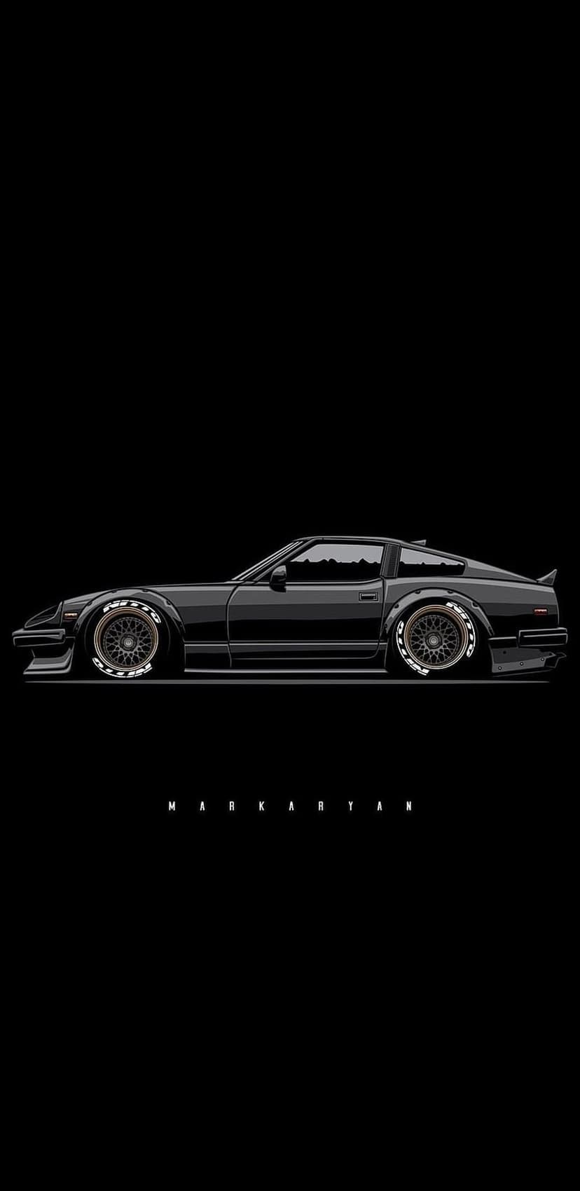Nissan 300ZX Z31 silhouette with a lowered stance and white-lettered tires against a solid black background.