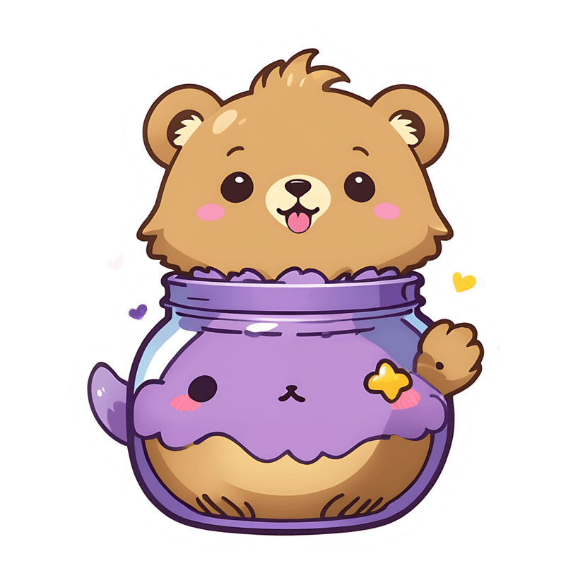 Brown bear inside a purple jar of honey with pink hearts and yellow stars in a glossy sticker illustration style.
