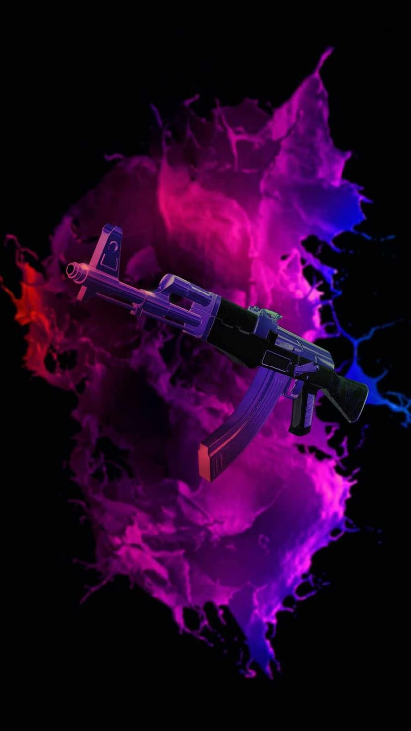 AK-47 rifle with neon blue accents glows while surrounded by plumes of pink and purple smoke on a black backdrop.