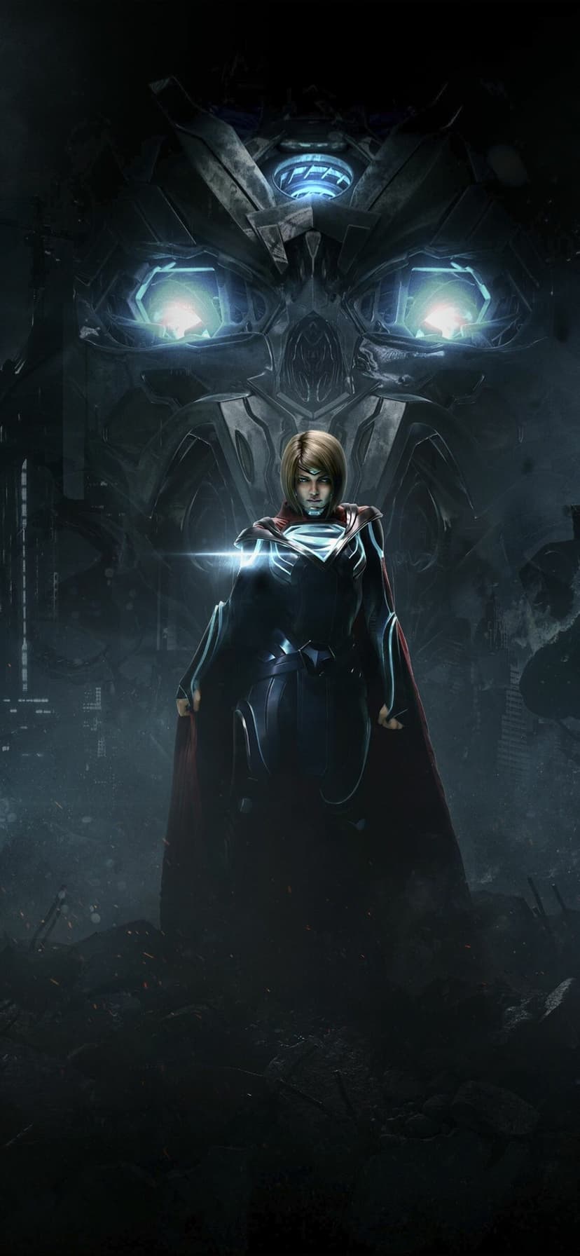 Armored Supergirl standing before a giant mechanical head with glowing blue eyes in a dark, smoky environment.