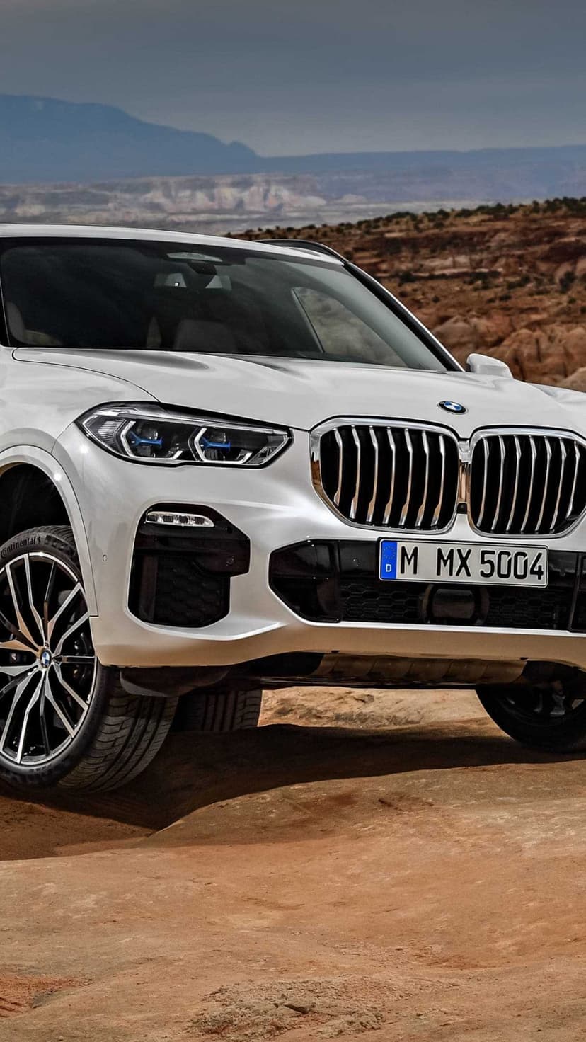White BMW X5 luxury SUV on reddish desert rocks with blue mountains in the background under a soft sky.