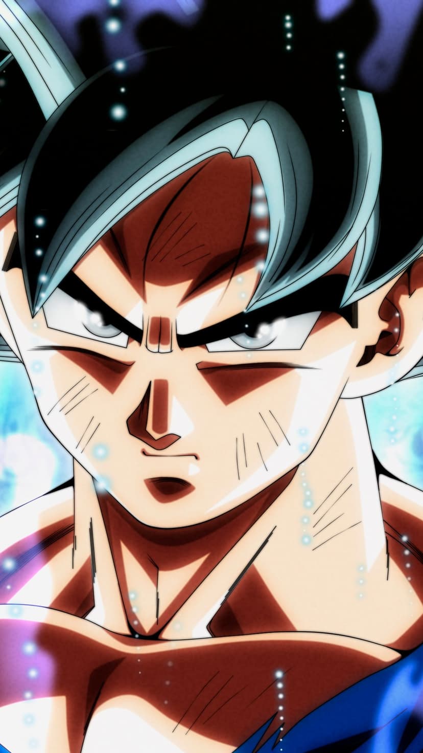 Goku with silver spiky hair and glowing gray eyes stares forward amidst a swirling blue and white energy aura.