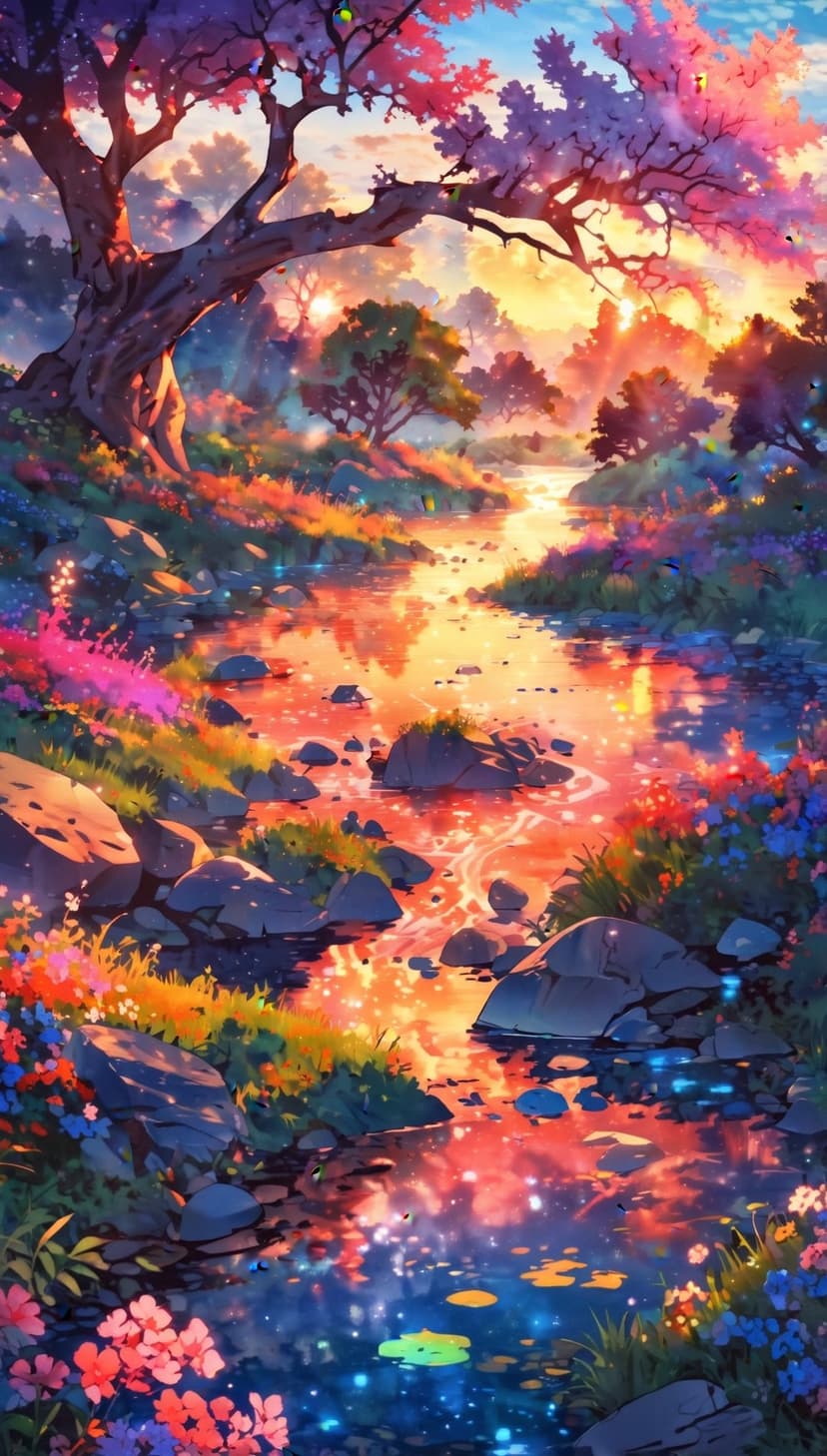 Winding river flows through a dense forest at sunset with vibrant purple and red wildflowers along the banks.