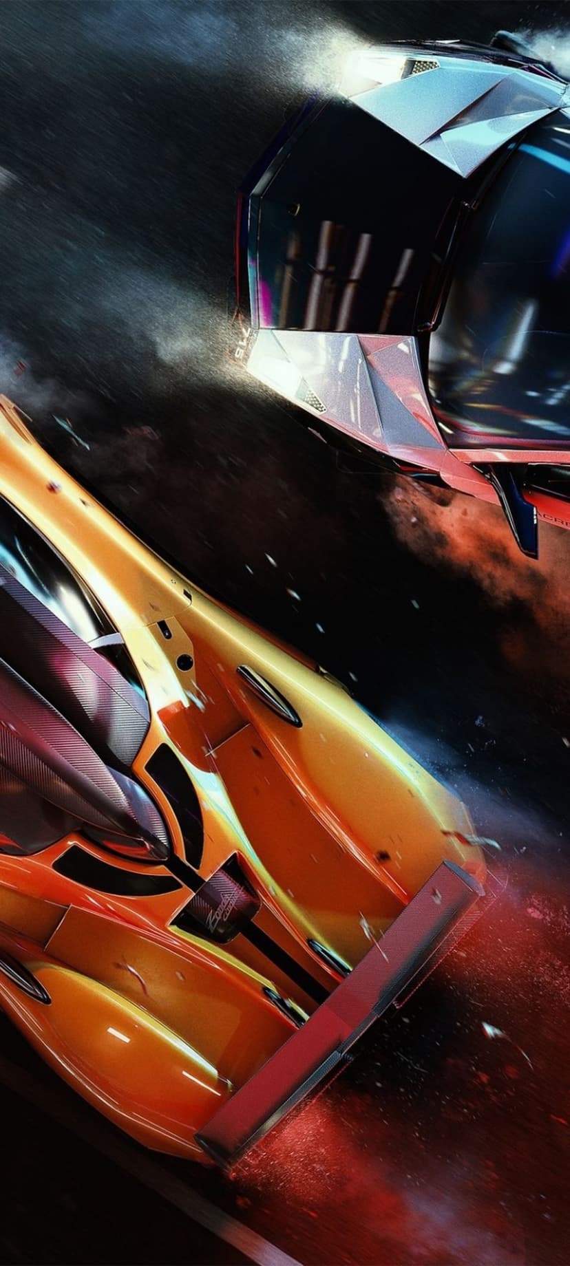Glowing orange race car leads a metallic rival on a dark smoky track with sparks and motion blur effects.