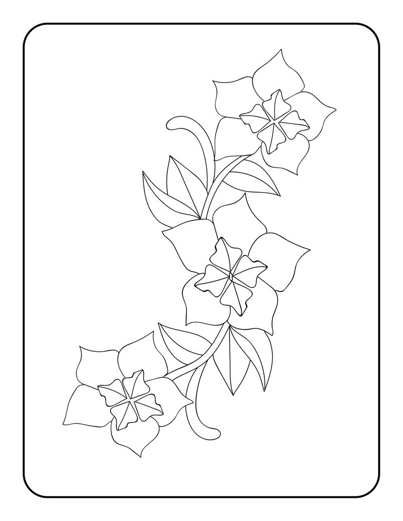 Floral line art coloring page showing three blooming flowers and leaves rendered in sharp black ink outlines.