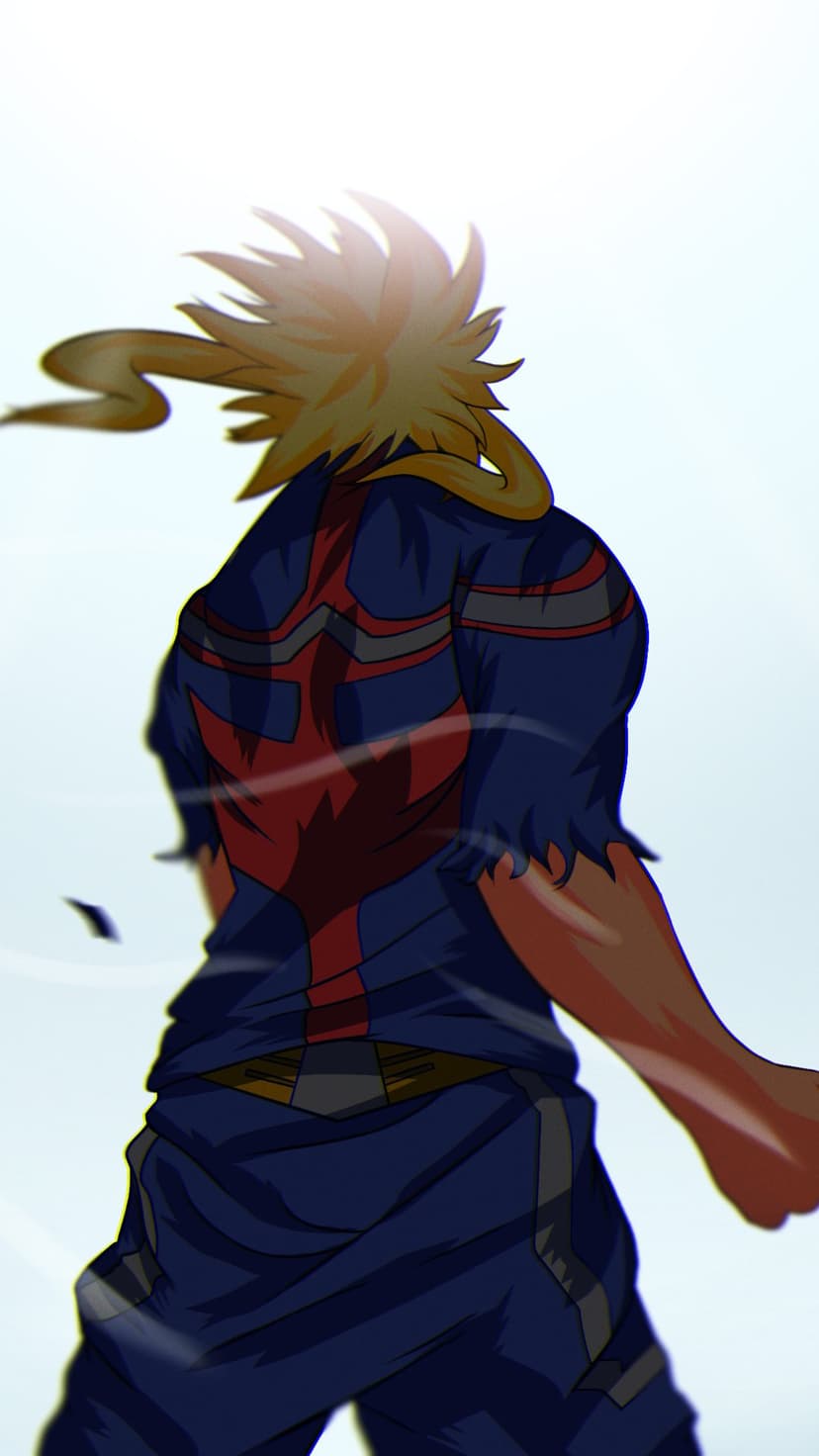 All Might seen from the back with spiky blonde hair and muscular shoulders against a solid white background.