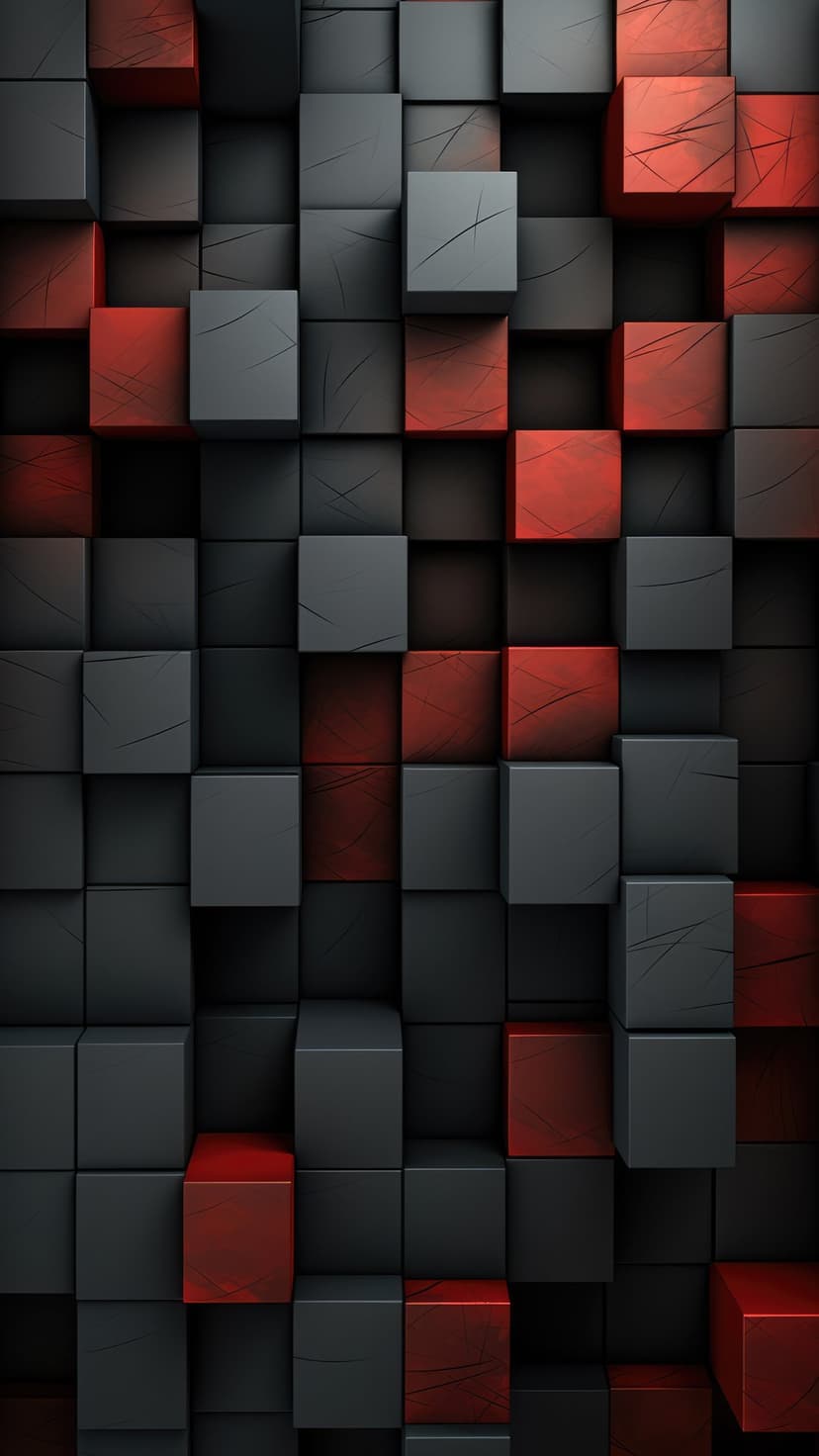 Red and charcoal gray 3D cubes with distressed textures and deep shadows arranged in a geometric pattern.