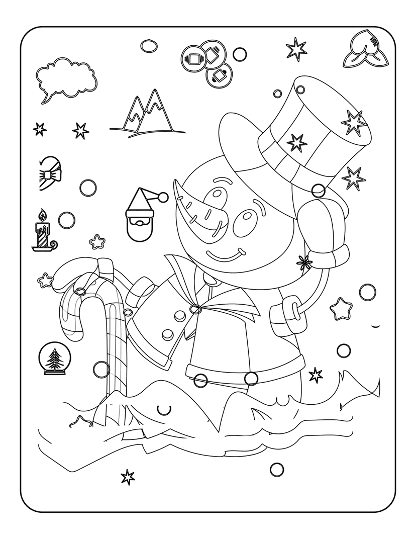 Christmas snowman coloring page outline featuring candy canes, stars, and a snow globe in black and white.