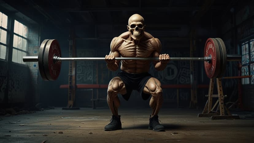 Muscular skeleton performing a barbell squat in a dark industrial gym with rusted weights and gritty lighting.